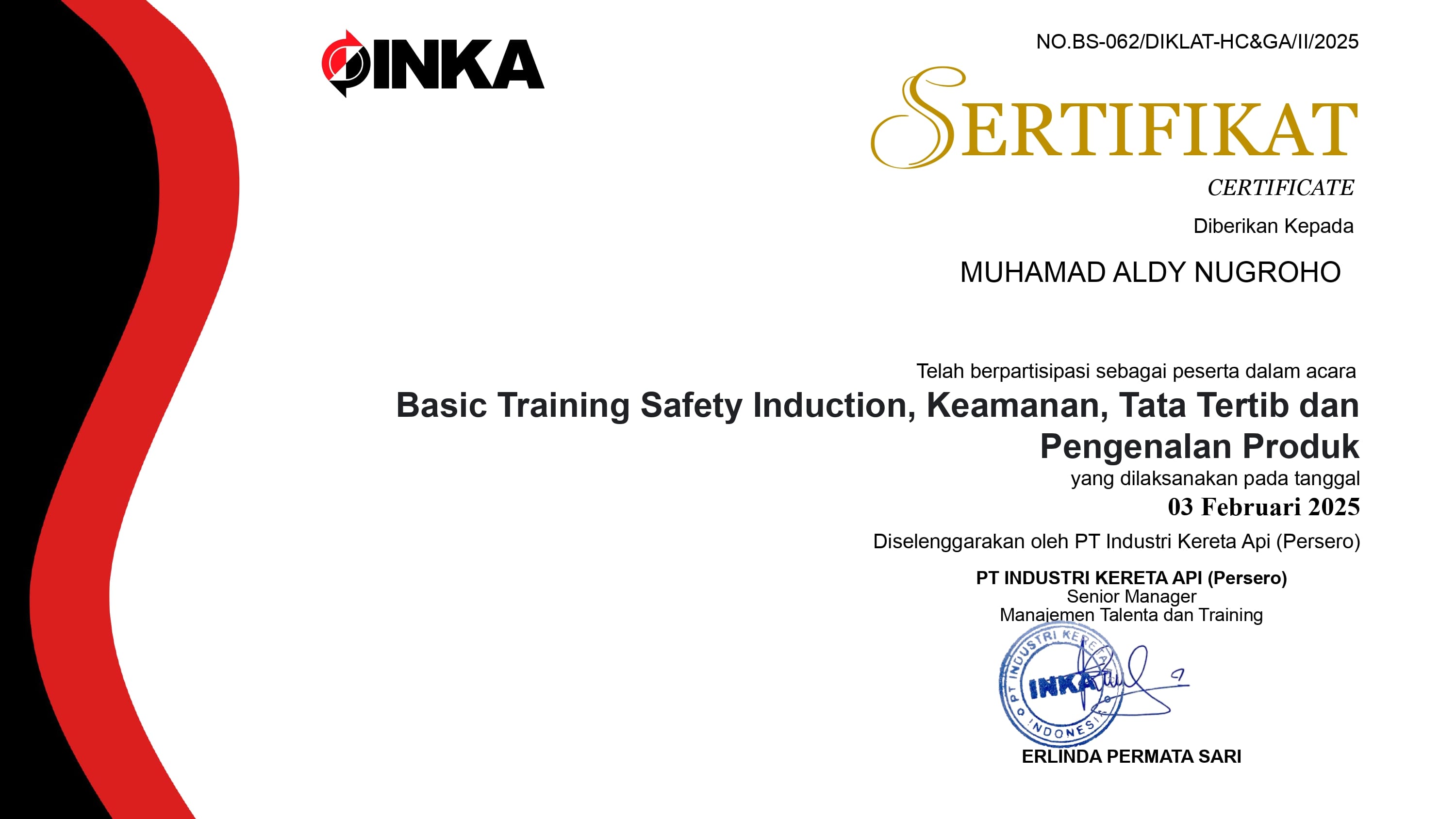INKA - Basic Training Safety Induction, Keamanan, Tata Tertib dan Pengenalan Produk